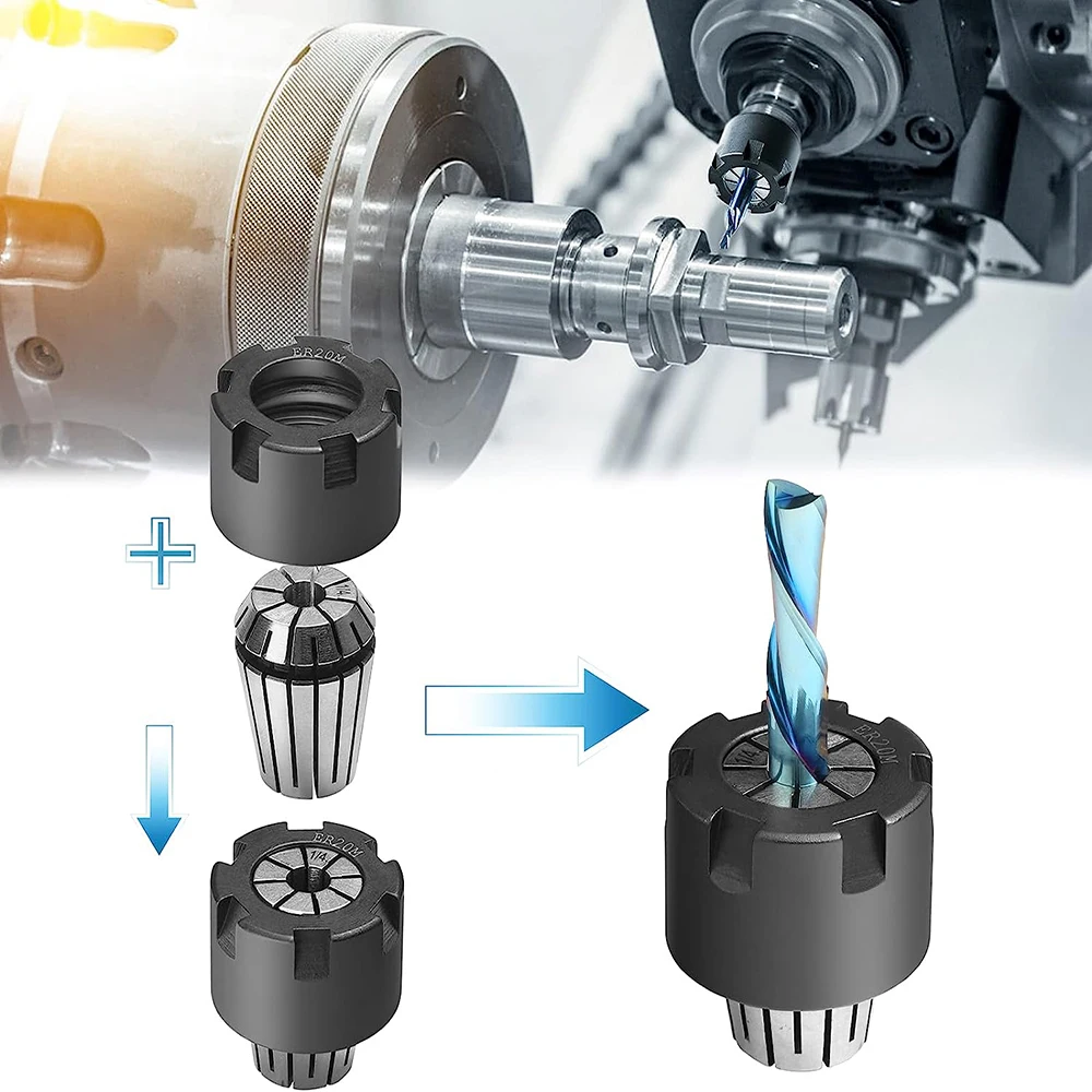 Set Collet bit Router CNC, mur penjepit Collet dan kunci pas, ER11-M, ER16-M, Chuck Collet tipe ER20-M