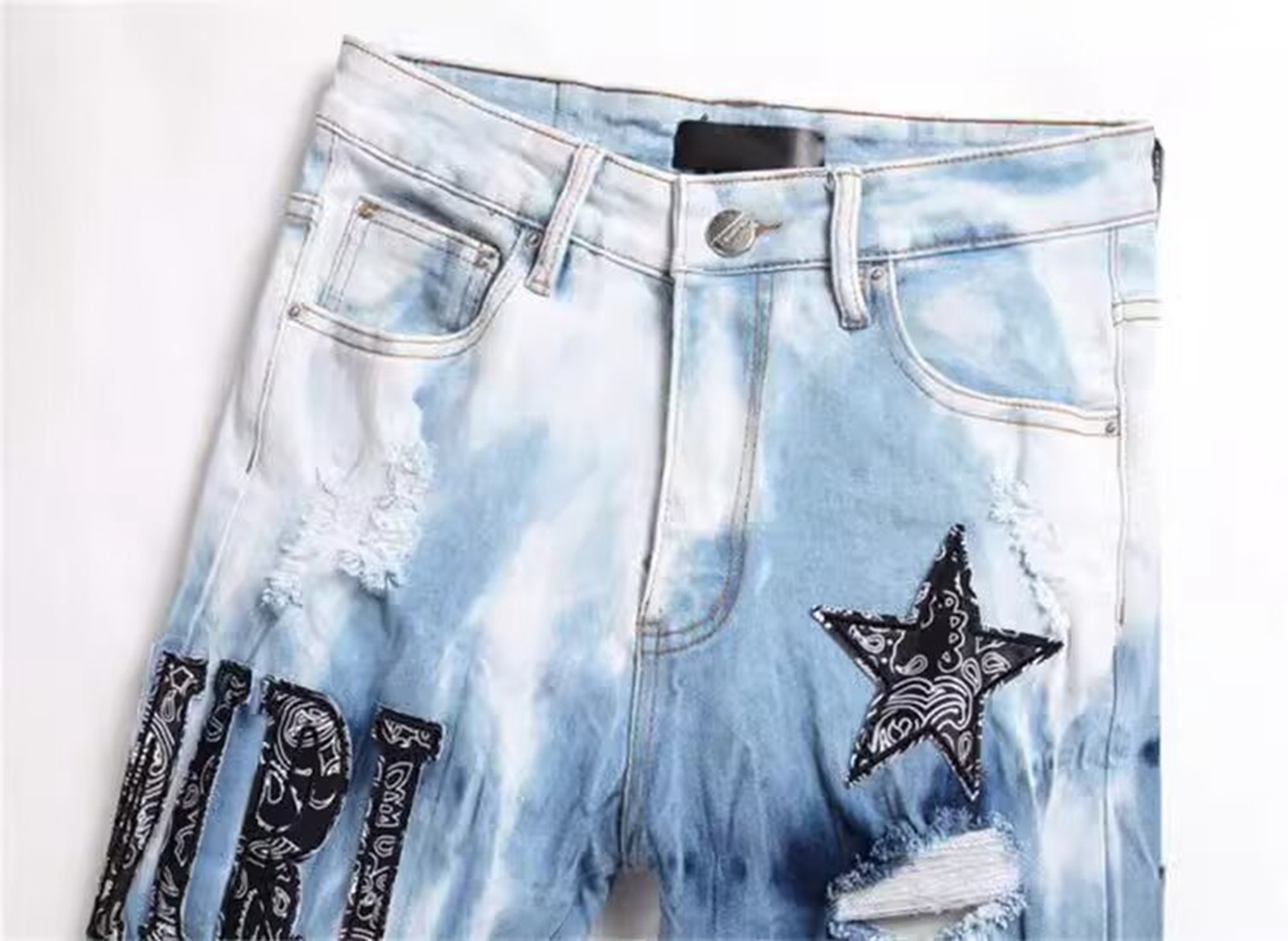 Pantalones vaqueros rotos con bordado de estrellas Y2K para hombre, ropa de calle elástica de algodón, teñido, azul claro, marca de moda