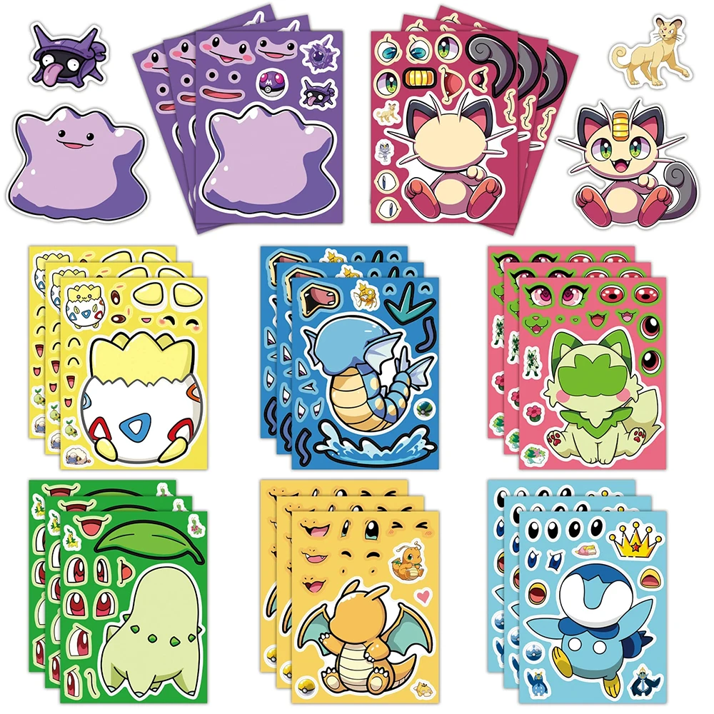 6/8/12/16 แผ่น Pokemon ปริศนาสติกเกอร์เด็ก Make a Face Pikachu Gengar อะนิเมะประกอบจิ๊กซอว์เด็ก DIY เกมตกแต่ง