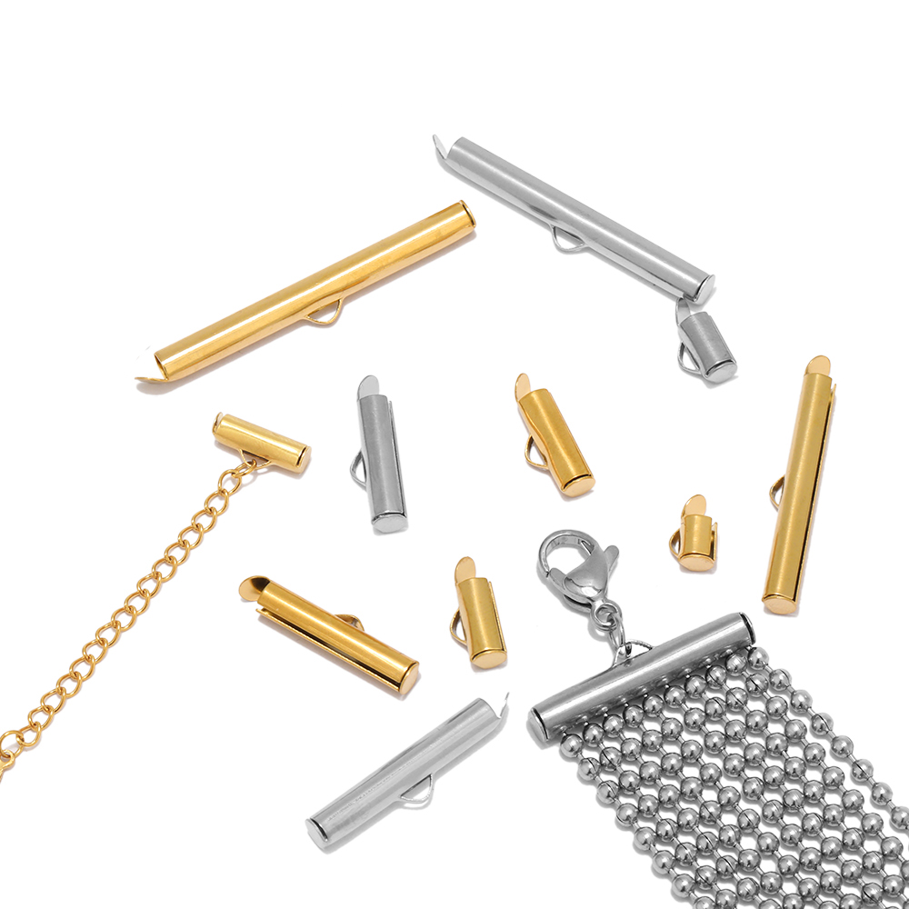 20 peças tampas de extremidade de crimpagem de aço inoxidável fecho deslizante fivelas conectores de tubos descobertas para pulseira diy acessórios de fabricação de jóias