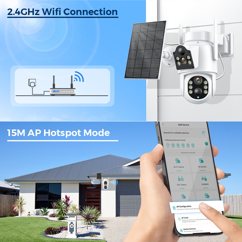 Cámara Solar inalámbrica de 4MP, cámara PTZ con WiFi de doble lente, cámara de videovigilancia con batería integrada para exteriores, modo de reposo prolongado iCsee