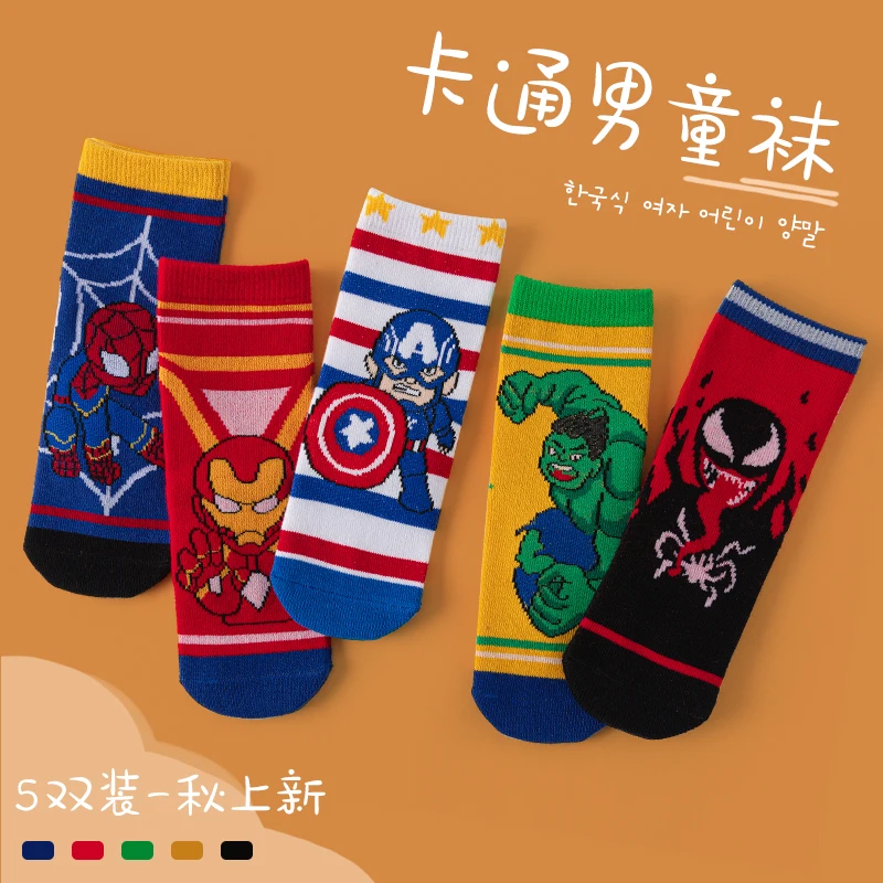 5 คู่ถุงเท้าเด็กการ์ตูน Spiderman ถุงเท้าเด็กฤดูใบไม้ผลิฤดูใบไม้ร่วงกลางถุงเท้าผ้าฝ้ายน่ารักถุงเท้าเด็กขนาด 1-12 ปี