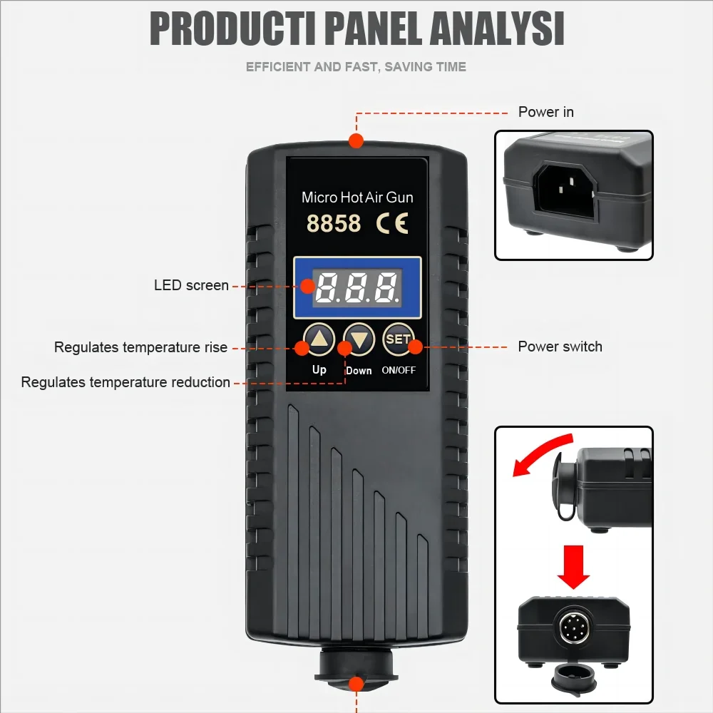 JCD 핫 에어 건 8858 마이크로 재작업 납땜 스테이션, LCD 디지털 헤어 드라이어, 220V 750W 히트 건 용접 수리 도구