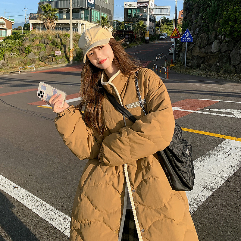 Pakaian wanita bantalan katun, Harajuku panjang setengah atas lutut untuk wanita musim dingin 2023 baru versi Korea mode pakaian roti tebal longgar