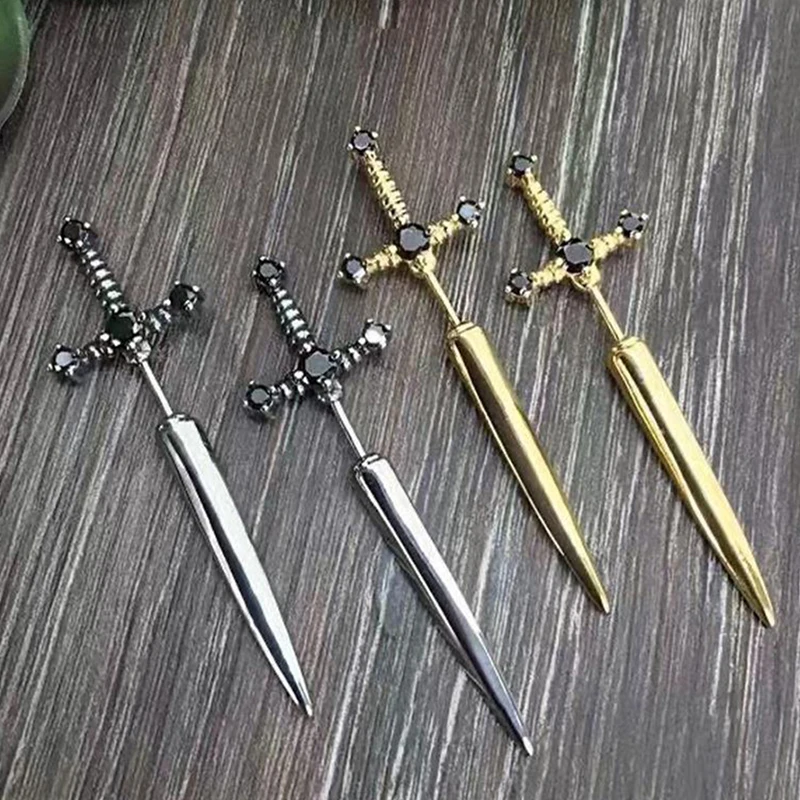 Orecchini a bottone con spada croce Hip Hop per donna Classico pallone Pietra di cristallo Argento Bue Oro Colore nero Personalità Gioielli semplici
