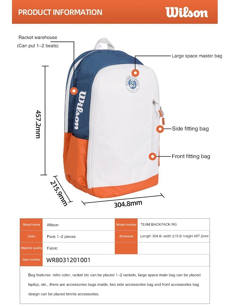 Wilson Bolsa de tenis de gran capacidad Tour conmemorativo abierto francés Mochila para raquetas de tenis para 2 raquetas con compartimento