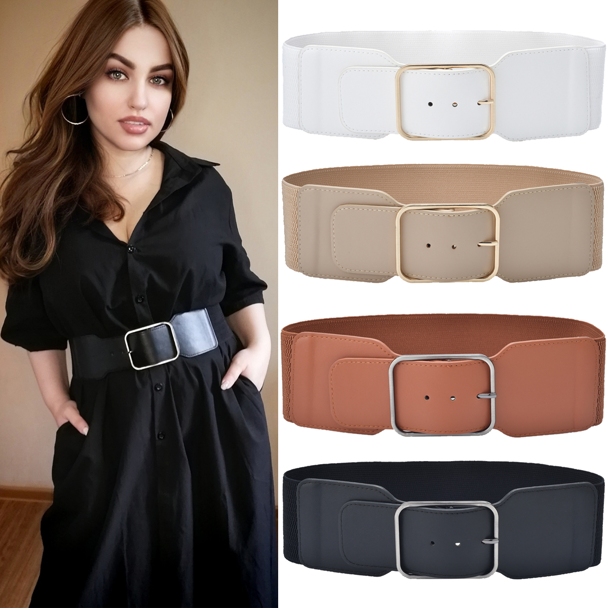 Cinturón elástico de cintura ancha para mujer, faja elástica para vestido con hebilla, cinturones elásticos de moda