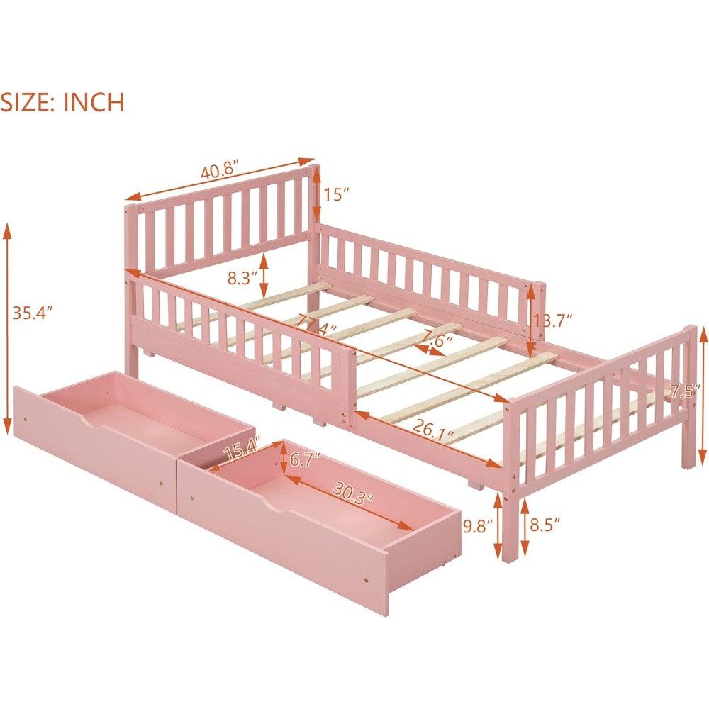 Kids Twin Bed with Guardrails, Low Platform Bed with Headboard and Footboard, Pink Children Bed Frame with 2 Drawers for Boy Gir