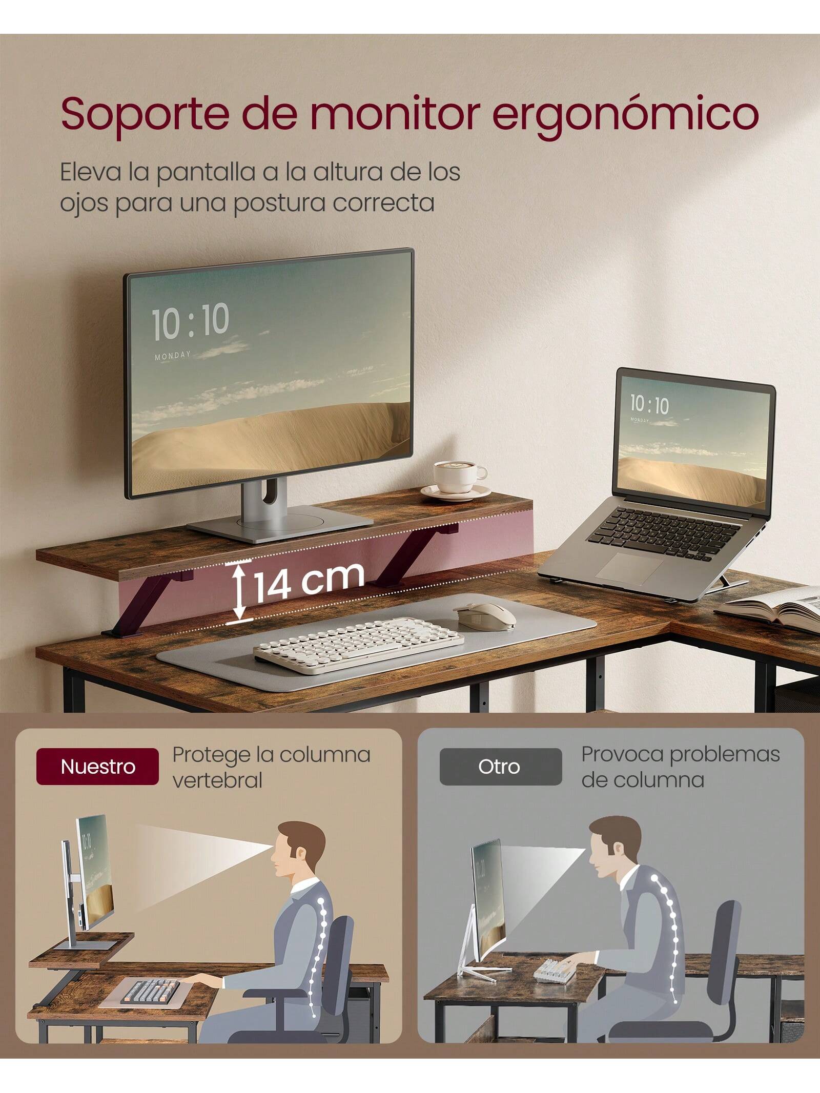 VASAGLE L-Shaped Desk: 2 Drawers, Monitor Stand. Corner/Gaming/Computer Desk. Adjustable Shelf. Home Office. Rustic Brown.