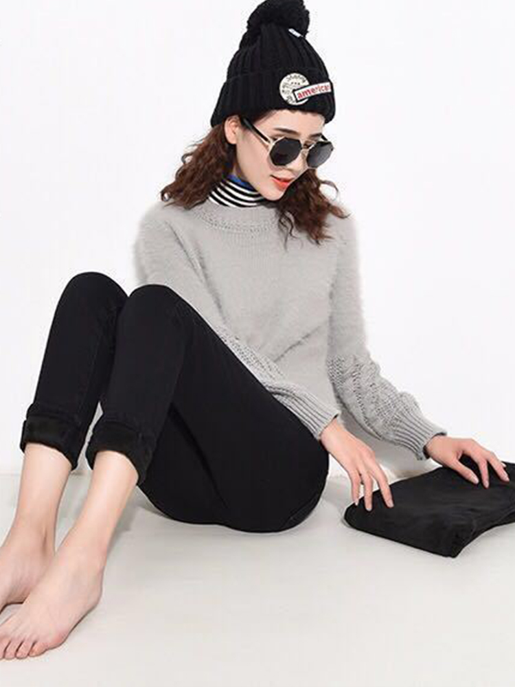 Pantalones vaqueros de cintura alta de invierno para mujer, pantalones pitillo elásticos gruesos y cálidos, pantalones negros informales simples para mujer