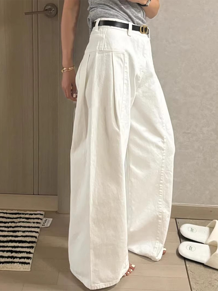 Spring New Chic High Waist Wide Leg Denim Jeans Women's Straight Leg Long Pants Waed Design Slimming Effect Blue Jeans