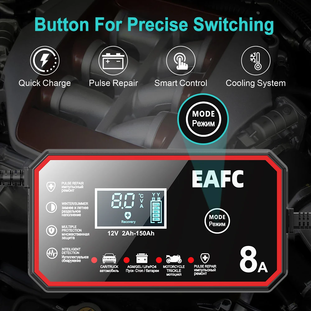 12V 8A 6A Auto Batterie Ladegerät Puls Reparatur LCD Display Smart Schnelle Ladung für Auto Motorrad Minivan SUV klassische Autos