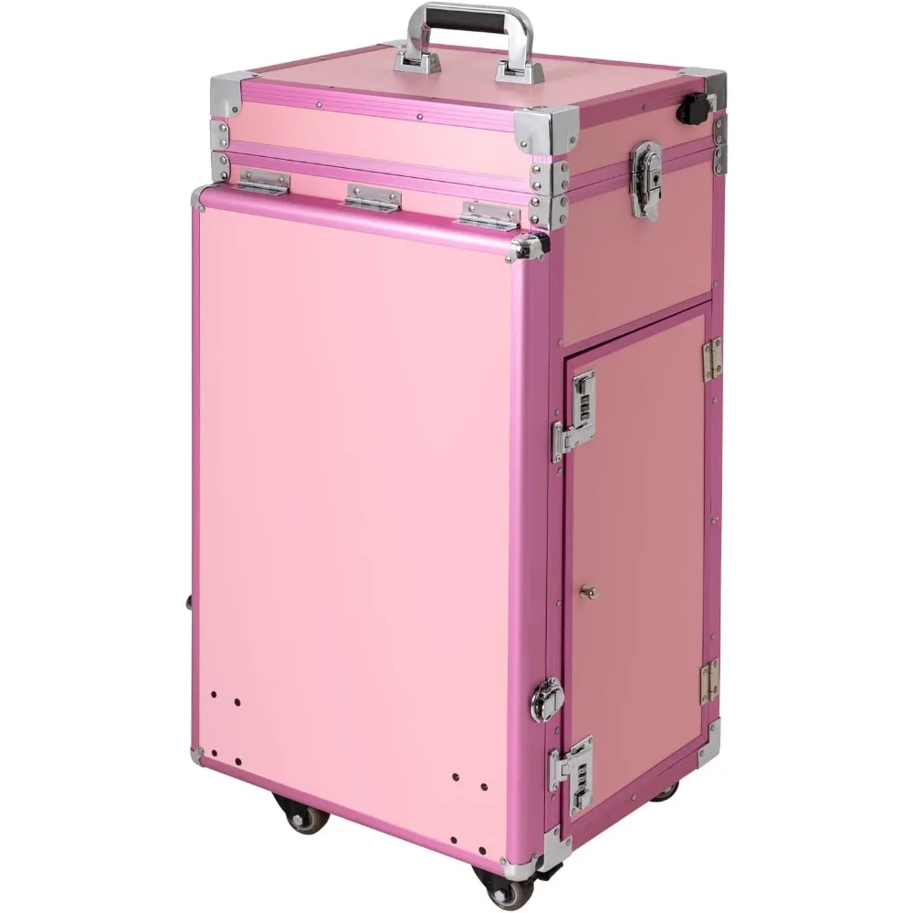 Professional Rolling Makeup Case, Foldable Nail Tables Travel Cosmetic Trolley Storage Organizer with 4 Drawers Mirror