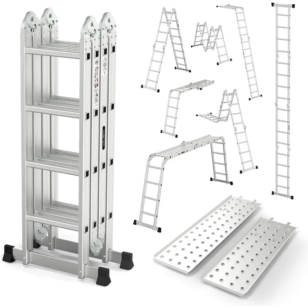 15.5FT Folding Ladder Multi-Purpose Aluminum Extension, 7 in 1 Heavy Duty Step & Combo, EN131 Certified
