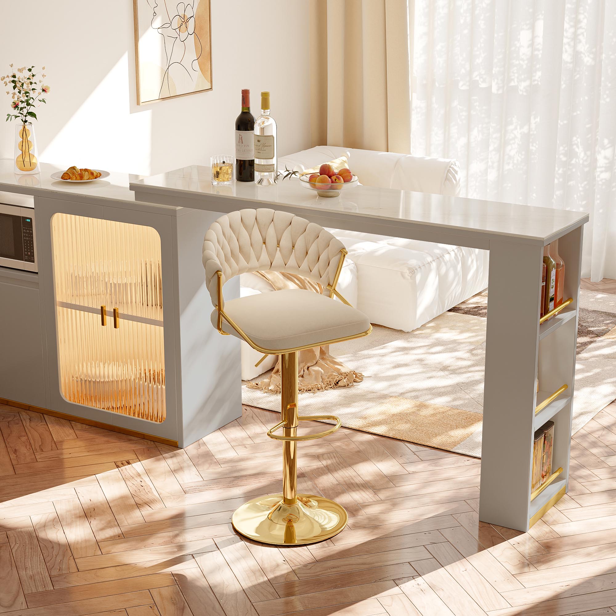 Sgabelli da bar e sedie da pranzo in confezione da 2 con schienale comfort in velluto intrecciato a mano, sgabello da bancone in metallo con base dorata ad altezza regolabile