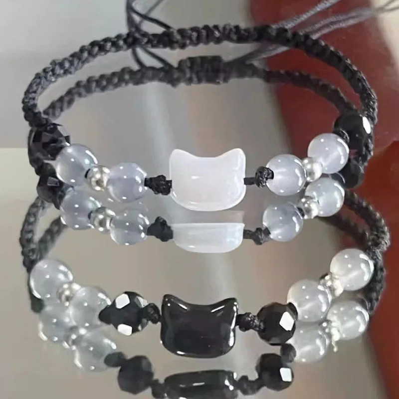 2 uds pulseras de obsidiana de piedra lunar Natural pulsera minimalista hecha a mano Linda pulsera de gato blanco y negro regalos de joyería de fiesta