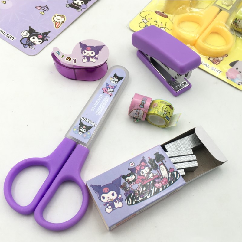 Juego de papelería de dibujos animados Kuromi Kitty, combinación de cinta grapadora, suministros escolares para estudiantes, máquina de encuadernación de libros para el hogar, grapadora