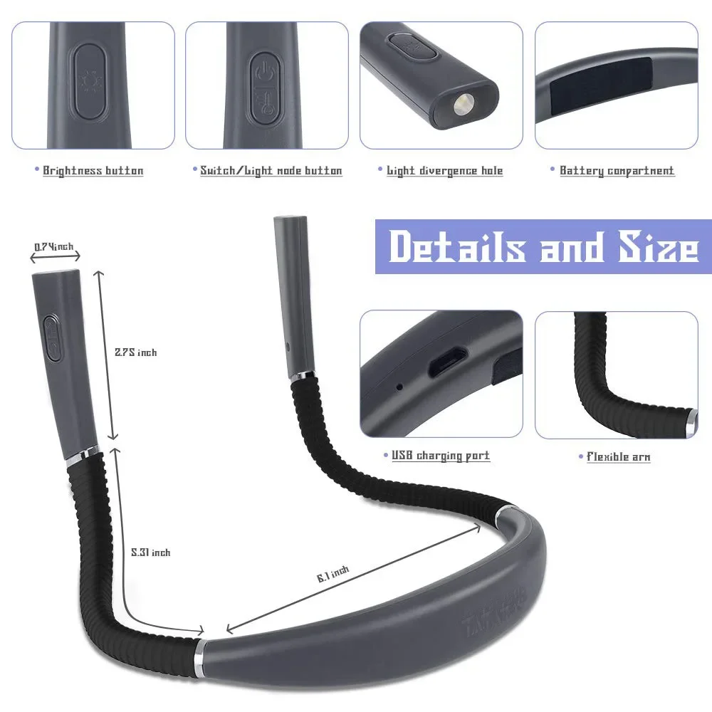 Luz de lectura para el cuello, novedad, luces flexibles para el cuello, luz para libros manos libres, lámpara de lectura Hanling, iluminación portátil para libros recargable por USB