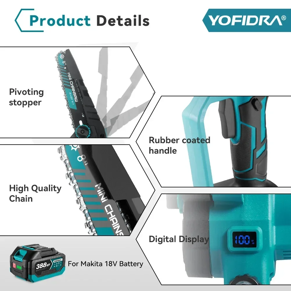 YOFIDRA เลื่อยไฟฟ้า 8 นิ้ว 40000RPM ดิจิตอลจอแสดงผลไร้สายที่มีประสิทธิภาพ Garden Logging Chainsaw สําหรับ 18V แบตเตอรี่ Makita