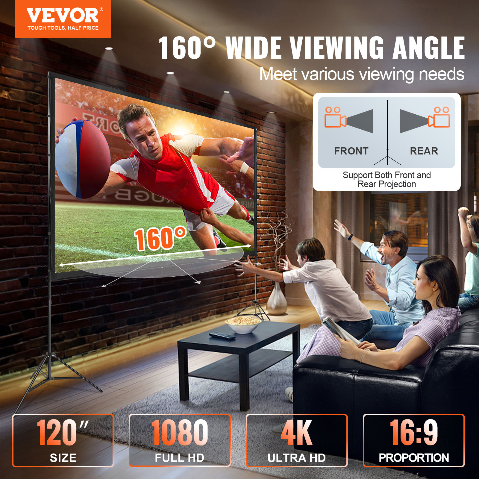 VEVOR-Tela do projetor com suporte, tela de filme ao ar livre para Home Theater, cinema, filme do quintal, 120 ", 150", 4K, 1080 HD