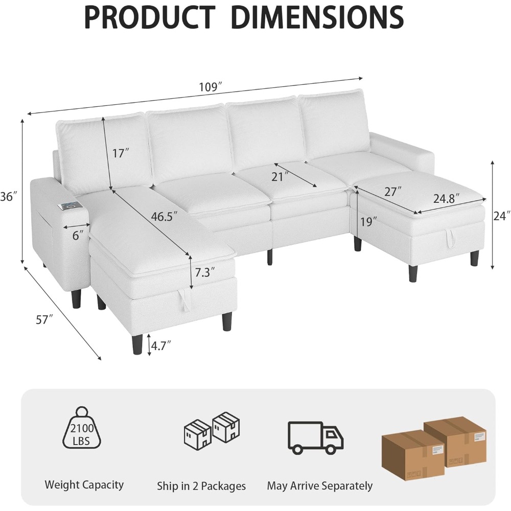 Sectional Couches for Living Room, 4 Seat Sectional Sofa with Double Cushions/Storage Ottoman, Teddy Fleece U Shaped Couch with