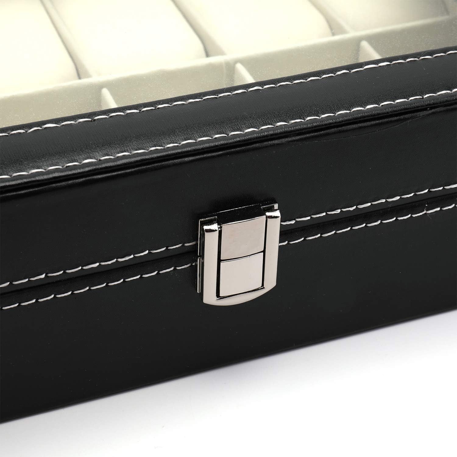 1pc PU Leather Watch Box Display Case Organizer with Framed Glass Lid Elegant Contrast and Removable Pillow for Men and Women