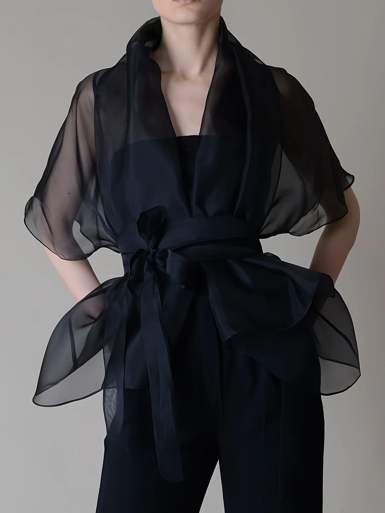 Organza-Mesh-Bluse für Damen, Stehkragen, Schnürung, durchsichtig, V-Ausschnitt, amerikanisches Retro-elegantes Bürodame-Blusenoberteil mit halben Ärmeln