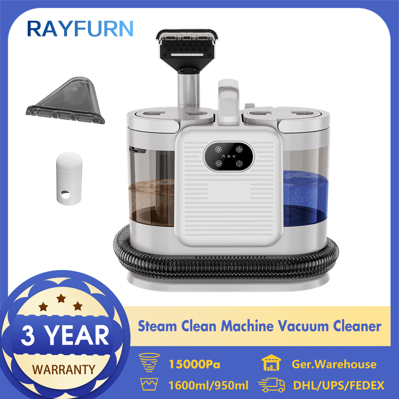 RAYFURN C988 1650W Stoomreinigingsmachine 15000Pa Spuitborstel Zuigkracht Systeemreiniger voor Tapijt Auto Slaapbank Reinigingswasmachine