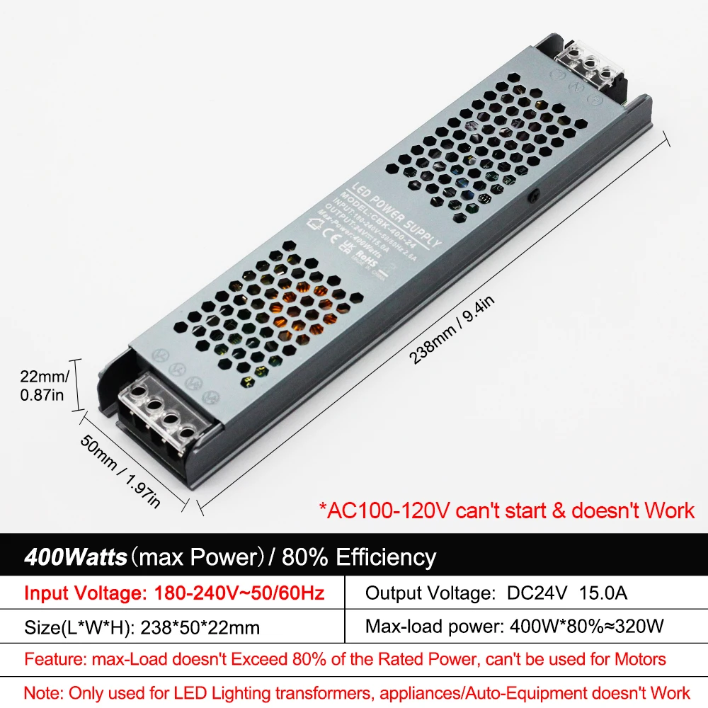 Adaptador de alimentação led silencioso ultrafino ac 180v-240v 400w dc 12v/24v transformador de iluminação led adequado para barras de luz led/tela