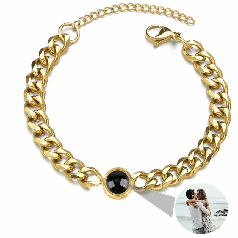 Pulseira personalizada com imagem interna de aço de titânio pulseira de corrente cubana com projeção de foto personalizada para homens e mulheres