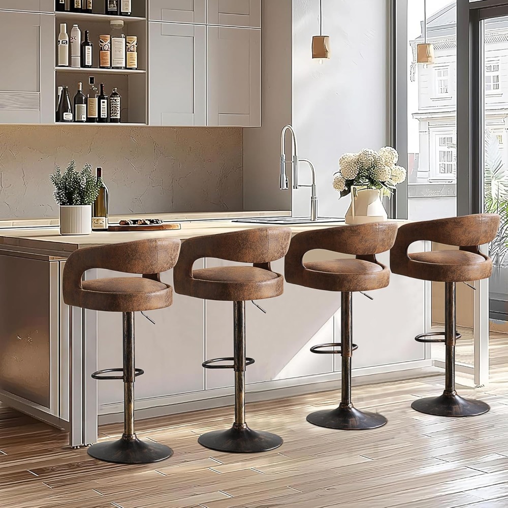 Bar Stools Set of 4 Adjustable Swivel Modern Pu Leather Barstools, Counter Bar Stools with Back and Arms, counter stools