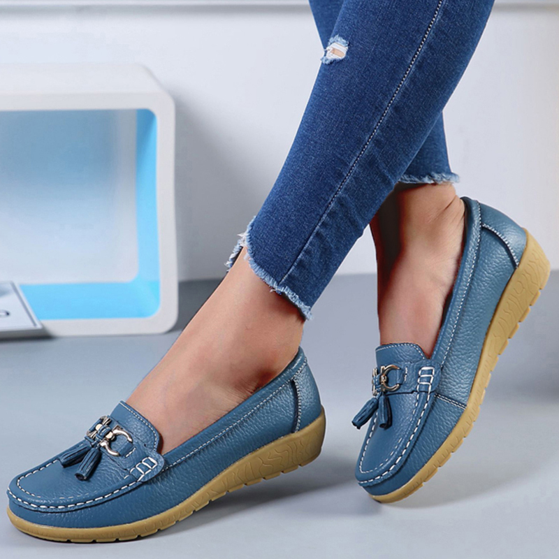 Echtes Leder Frauen Wohnungen Mode Lässig Frauen Schuh Mokassins Schuhe Frau Slip Auf Flache Schuhe Schwarz Damen Schuhe Plus Größe