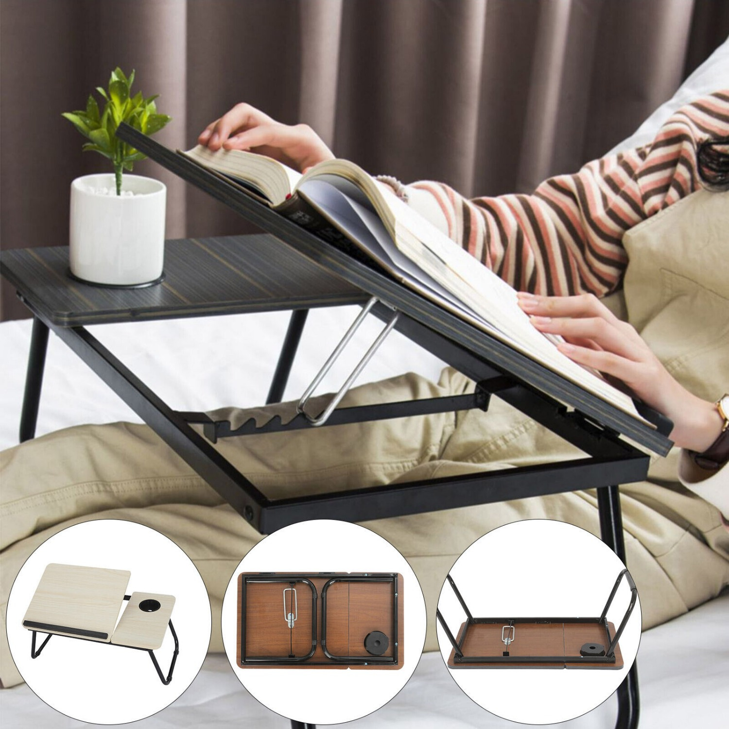 Compact Foldable Laptop Desk with Cup Holder - 55.12cm x 32.0cm x 24.89cm Portable Bedside Table for Reading, Breakfast