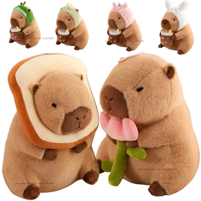 Capybara Plush ของเล่นจําลอง Capibara คอสเพลย์ยูนิคอร์นชุดไดโนเสาร์ Boba ขนมปังผลไม้อาหาร Decor นก Bubble ตุ๊กตาสัตว์