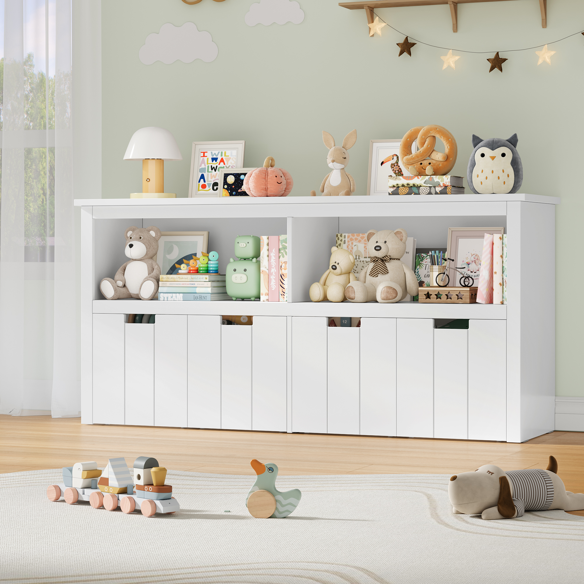 Getone Speelgoedopbergkast Kinderkast met 4 boks op rollen Kinderkamermeubel Speelgoedopbergkast 120x33x61,5 cm Wit