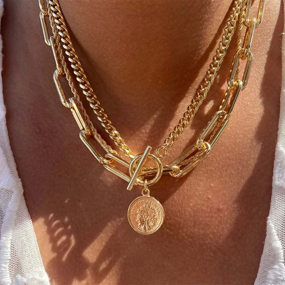 Collar con colgante de moneda y retrato de cabeza de cadena gruesa con placa dorada Punk Vintage para mujer, joyería geométrica de Hip Hop multinivel a la moda