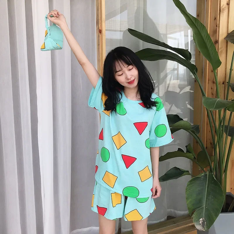 Pyjama japonais à manches courtes pour femmes, crayons Xiaoxin, col rond avec pantalon de détente coréen, ensemble deux pièces