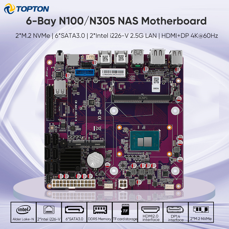 6 baies i3-N305 N355 N100 N150 NAS carte mère 1 * PCIEx4 2 * Intel i226-V 2.5G 2 * M.2 NVMe 6 * SATA3.0 DDR5 pare-feu Mini carte mère ITX