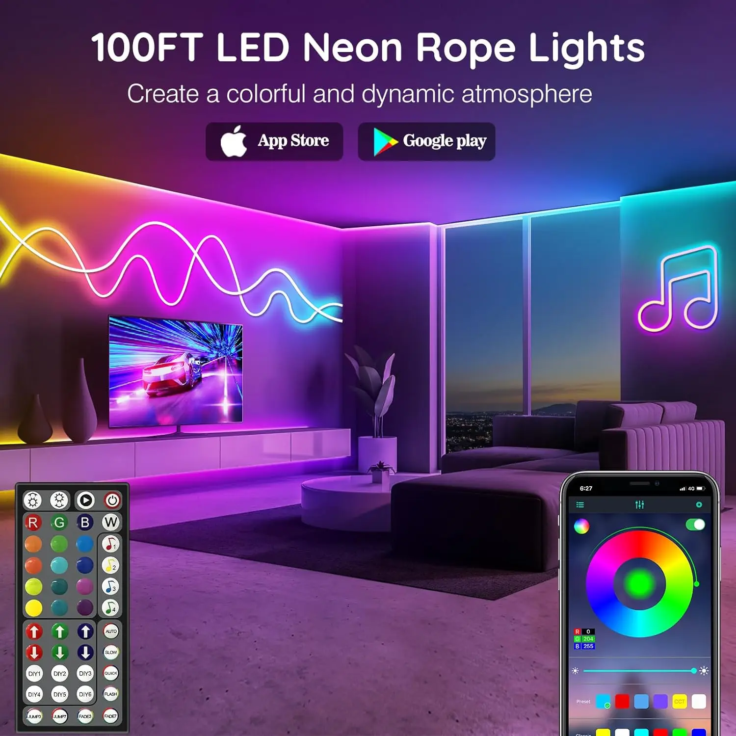 Luci a corda al neon, controllo luci a corda a LED flessibili con app/telecomando, luci a corda in modalità multiple, luci al neon a LED RGB per esterni IP65 Wa