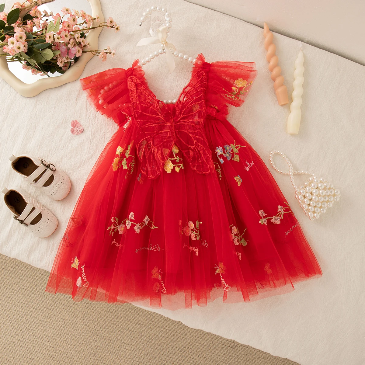 Verão novo floral bordado chiffon bebê menina vestido de princesa, bonito asa de borboleta roupas infantis (9 meses - 4 anos de idade)