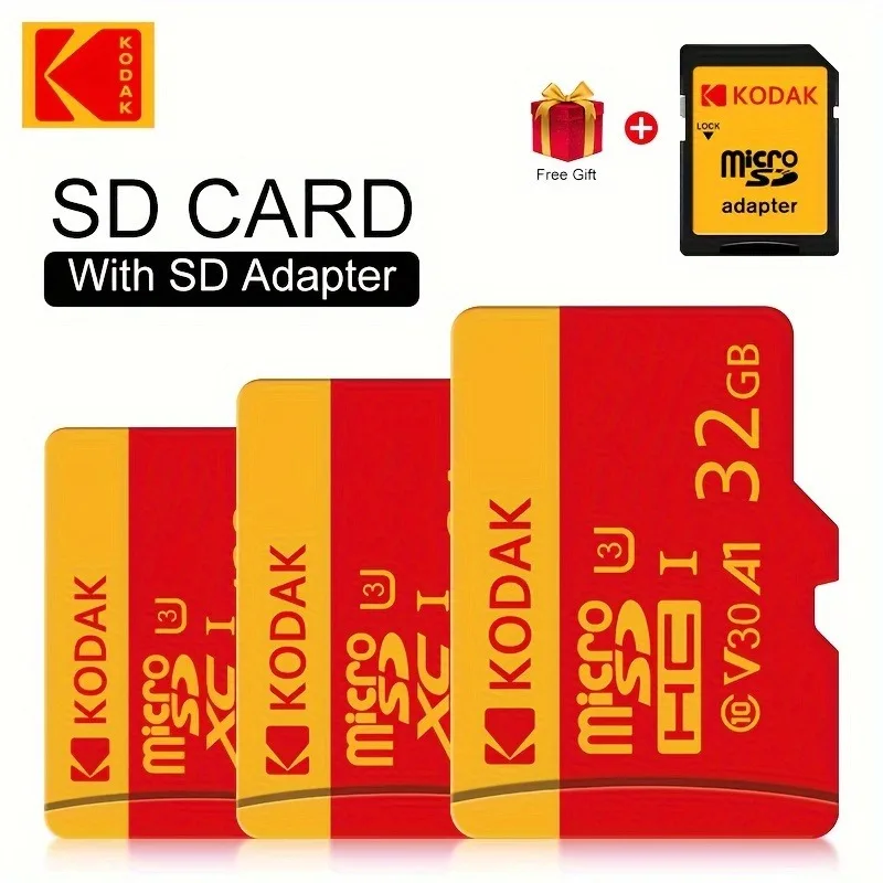 Kodak High Speed ​​Micro SD Card U3 Class 10, up to 100MB/s, TF Memory Card with Adapter - Available in 32GB, 64GB, and 128GB