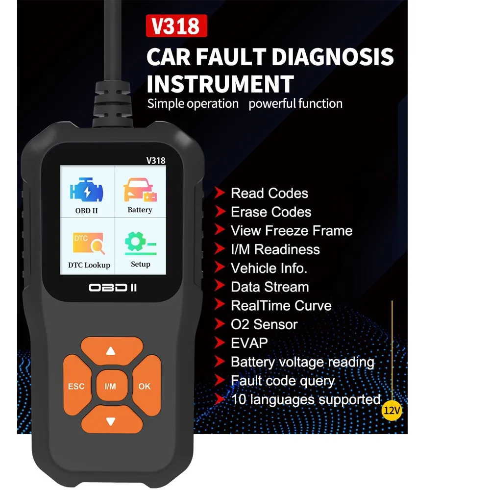 V318 OBD2 เครื่องสแกนเนอร์รถ Fault Diagnostic Instrument อ่านเครื่องยนต์ล้างเครื่องยนต์ความผิดปกติ Light Mechanic เครื่องมือ 10 ภาษา