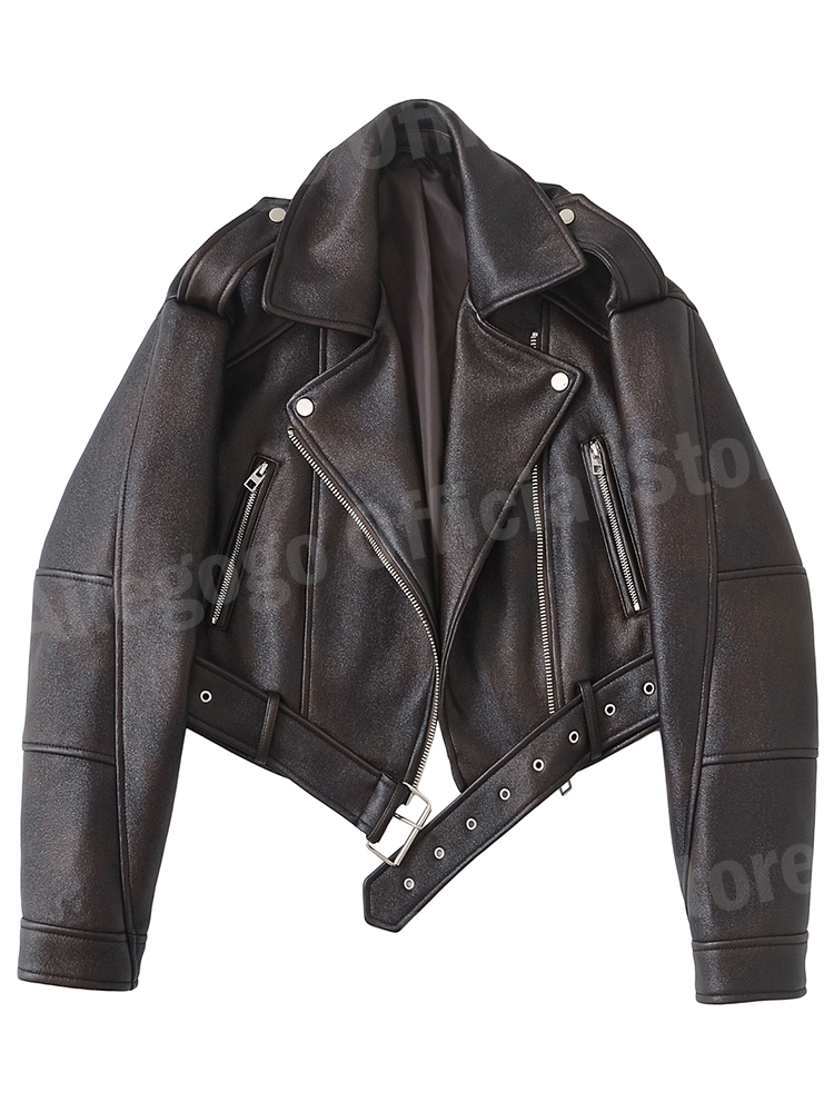 Ailegogo Vintage Women Loose Faux Soft Fur Jacket Spring Autumn Female Zipper Belt Coat Retro Moto Biker Outwear