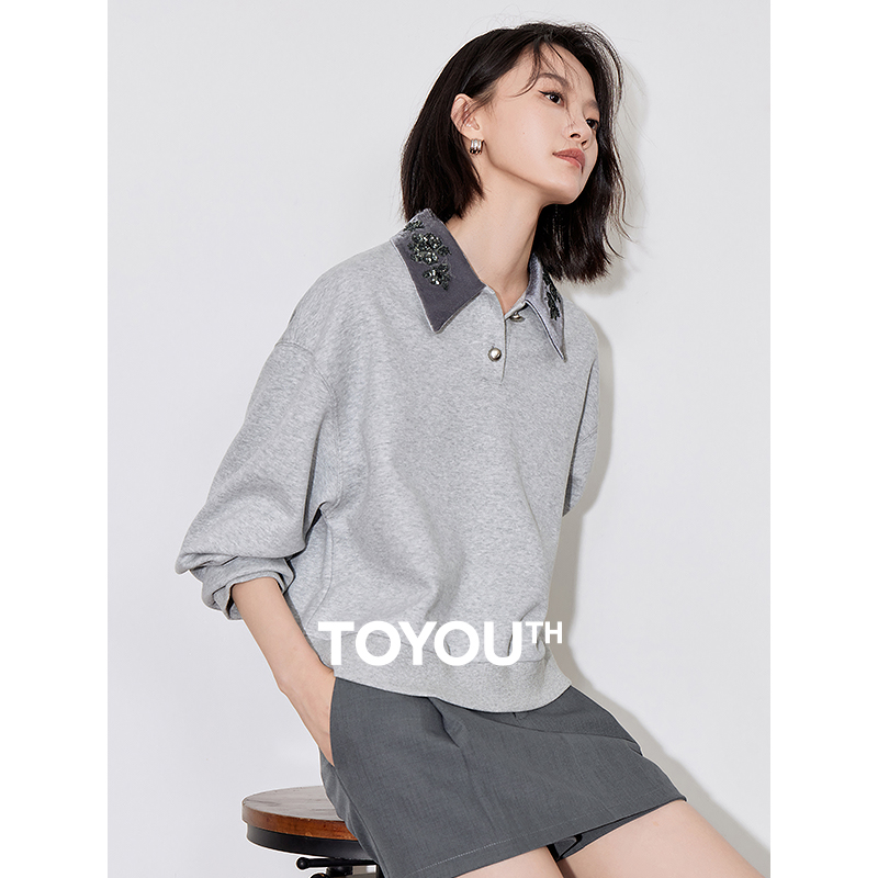 TOYOUTH เสื้อกันหนาวมีฮู้ดผู้หญิง 2024 ฤดูใบไม้ร่วงใหม่ลูกปัดเย็บปักถักร้อยเปิดลงปกเสื้อแขนยาวสีเทา