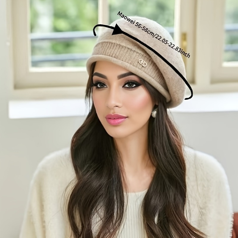 1 gorro de lana elástico para mujer con bolsillo, gorro de punto acrílico suave y acogedor para otoño e invierno