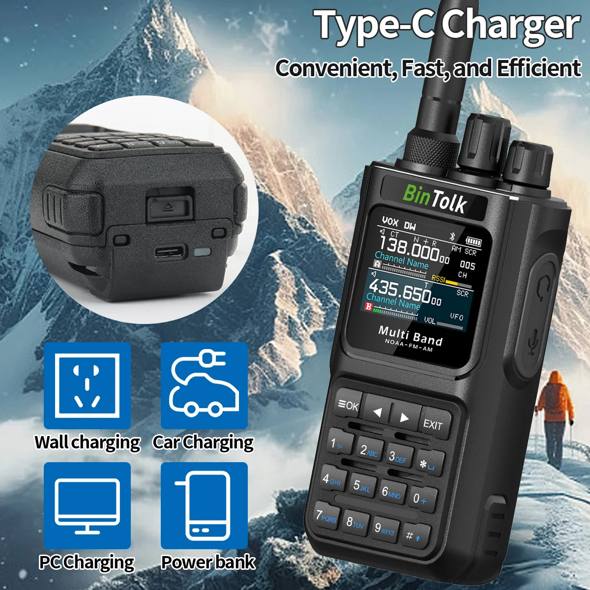 BinTolk BT8000 Walkie Talkie 10W Full Band Wireless Bluetooth Programme Noise Reduction Type-c Charger Portable Two Way Radio
