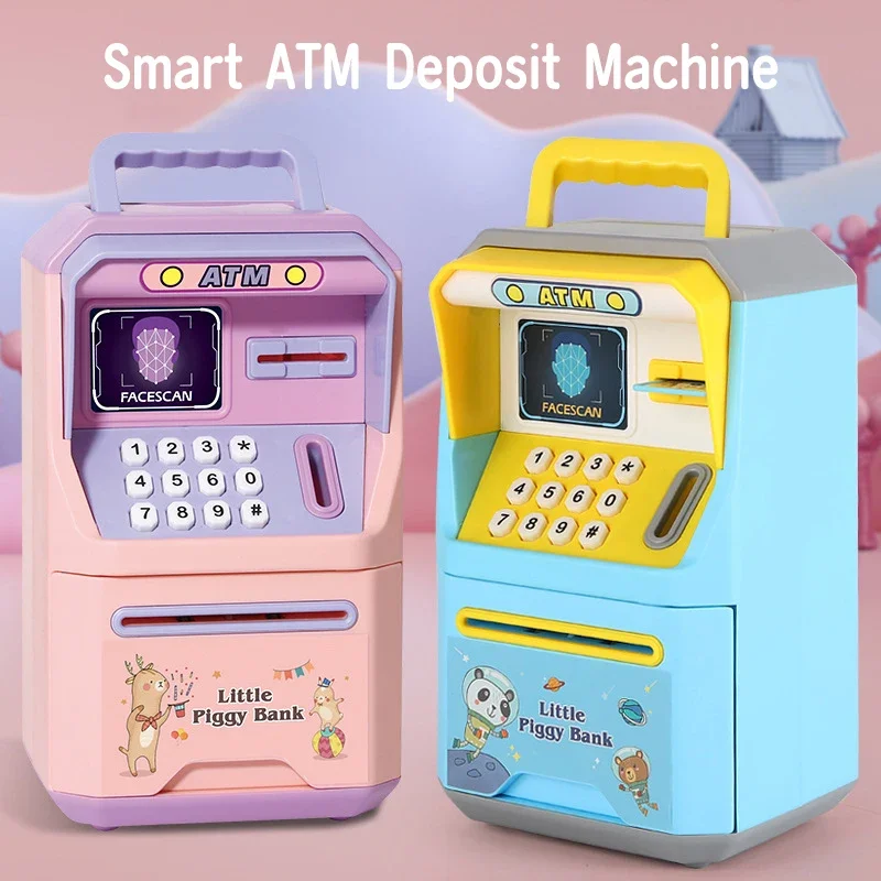 Caja de dinero con máquina cajero automático de dibujos animados, caja de seguridad con desbloqueo facial y huella dactilar, caja de monedas de música educativa para niños, aprendizaje divertido