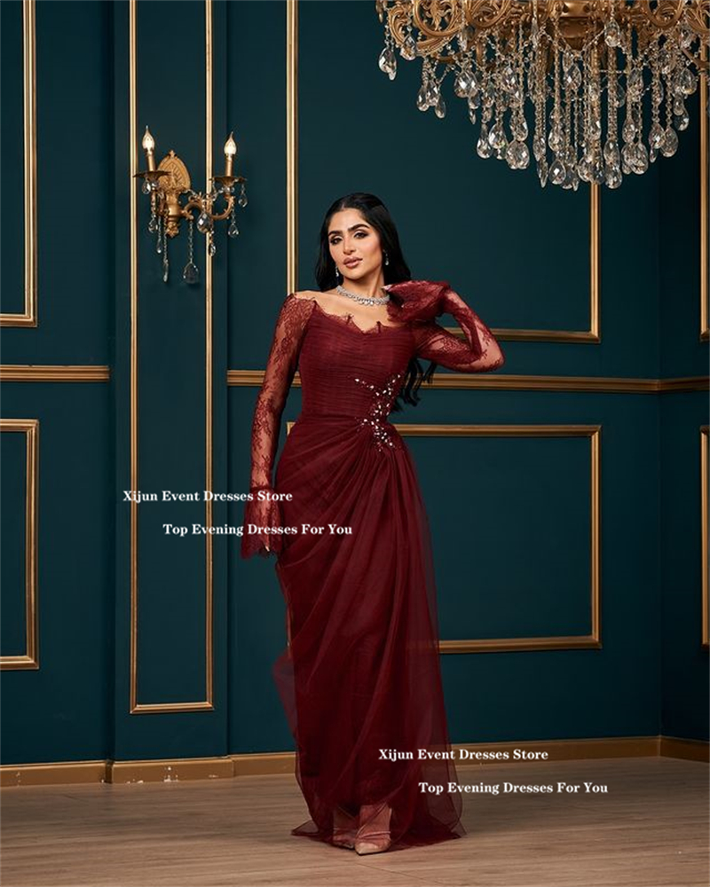 Xijun-Robe de Soirée de Forme Sirène en Dentelle Bordeaux, Tenue de Bal Formelle de Dubaï, à Plis, Personnalisée