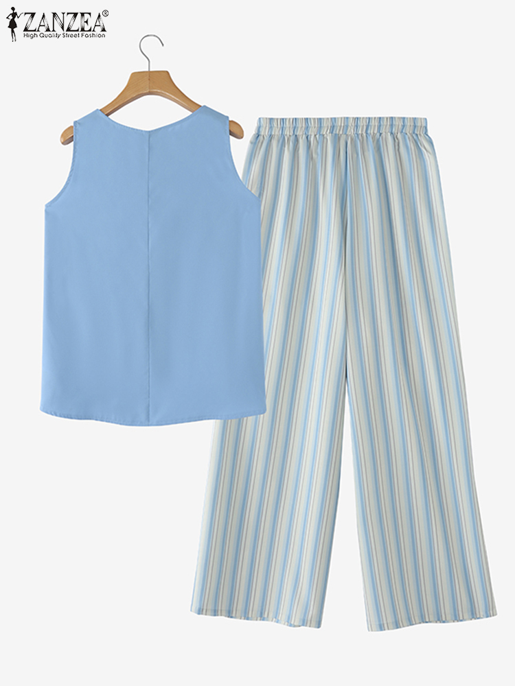 ZANZEA setelan celana 2 potong, setelan celana panjang kasual, longgar, tangki Hem tidak teratur, Solid, liburan, musim panas, dan celana Motif