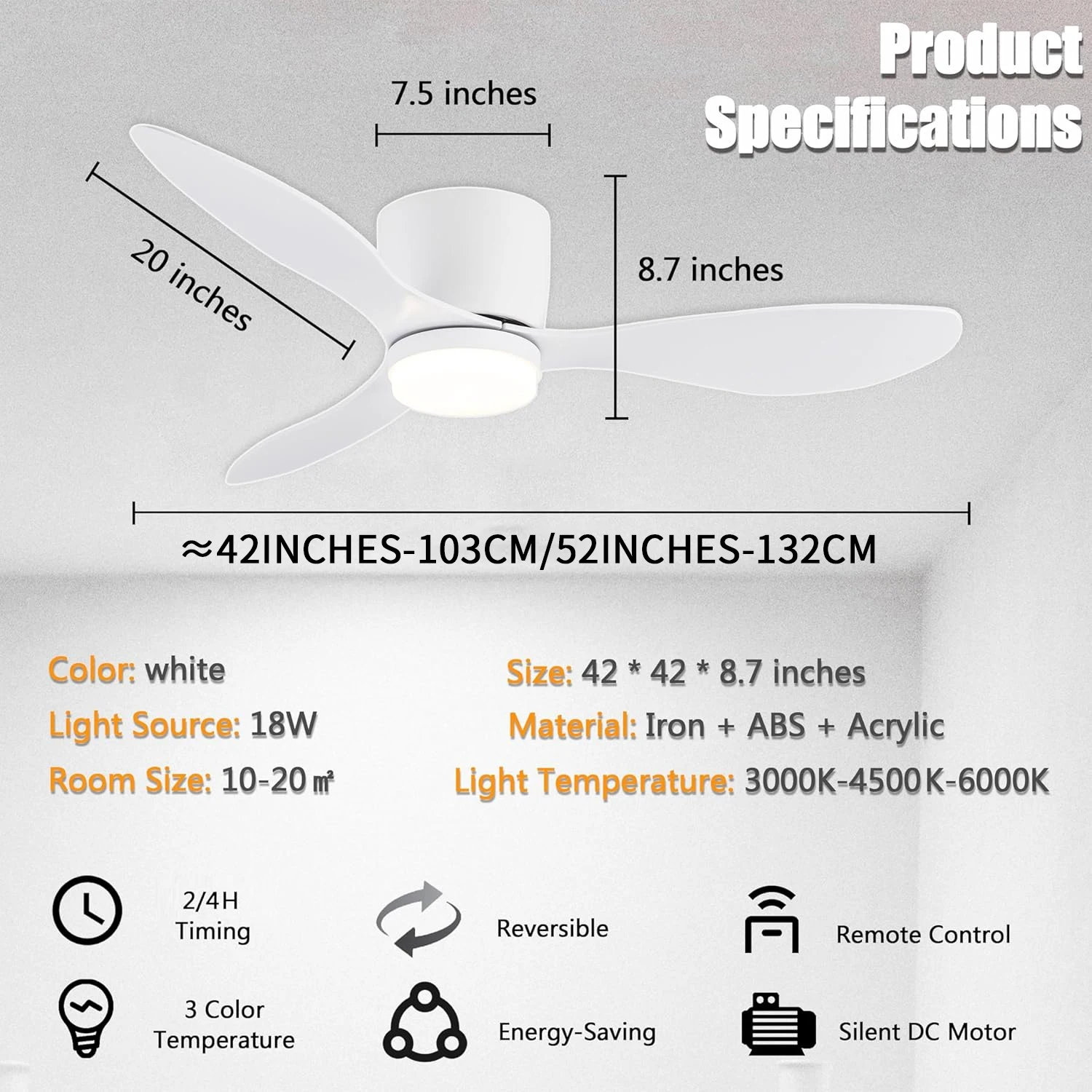 42Inch Mount Ceiling Fan Light with 3 Colors, 6 Speeds, Timing, Low Profile Ceiling Fan with Remote Control  Bedroom Dining Room